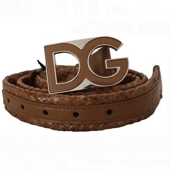 NEW DOLCE & GABBANA Belt Brown Weaved Leather DG Logo straw Buckle 80cm32in $620